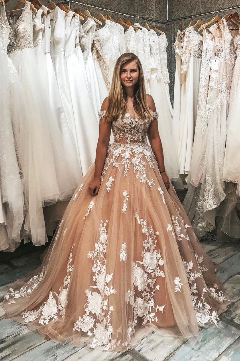 Gorgeous Off the Shoulder Lace Appliques Ball Gown with Train JKG030