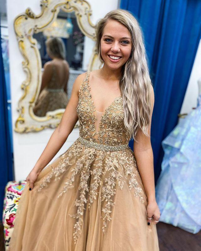 Gold Prom Dresses A Line Appliques Bodice Layers Prom Dress main image 1