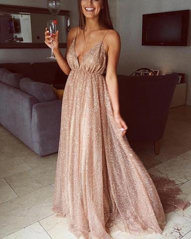 A line Long Sequins Evening Dresses Plunge V-neck Prom Gowns GJS346