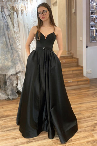 A Line V Neck Black Satin Long Prom Dress with High Slit Evening Dress GJS331