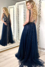 Chic V neck Prom Dress Sparkly Beading A-line Long Prom Dresses Evening Dress NA4009