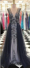 Chic V neck Prom Dress Sparkly Beading A-line Long Prom Dresses Evening Dress NA4009