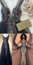 Chic V neck Prom Dress Sparkly Beading A-line Long Prom Dresses Evening Dress NA4009