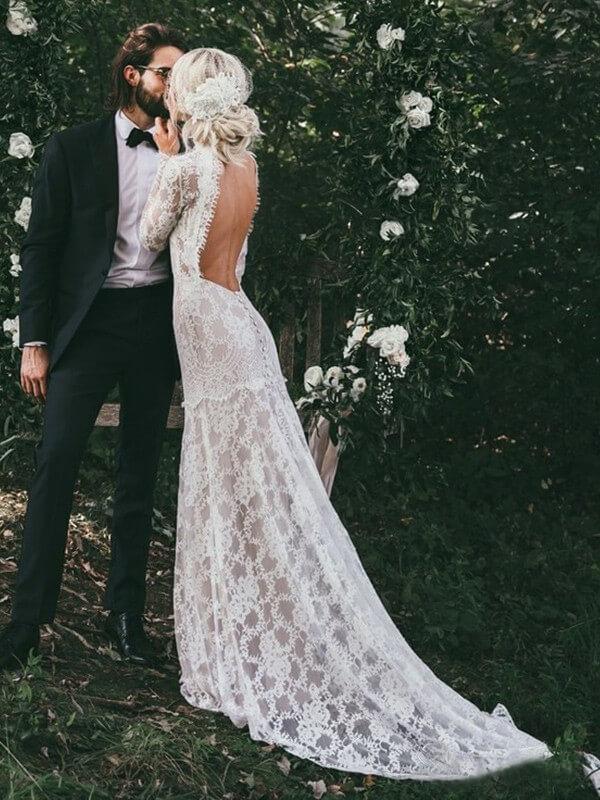 See Through Long Sleeve Rustic Lace Wedding Dresses Vintage Sheath Wedding Dress NAY012|Annapromdress