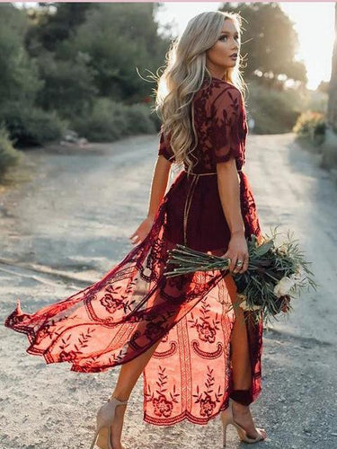 Burgundy Lace Prom Dresses A-line V neck Floor-length Unique Evening Dress JKG043