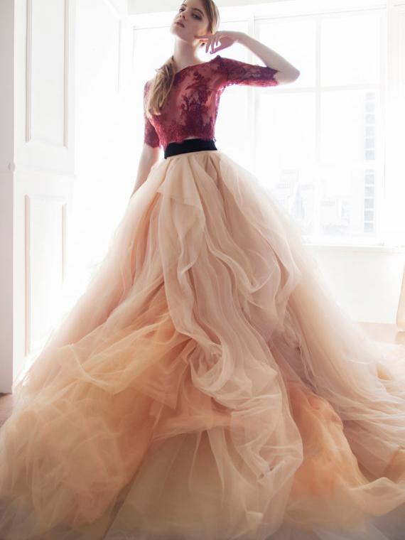 Two Pieces Blush Pink Wedding Dress Half Sleeve Burgundy Lace Bridal Gowns Wedding Gowns NAY017|Annapromdress