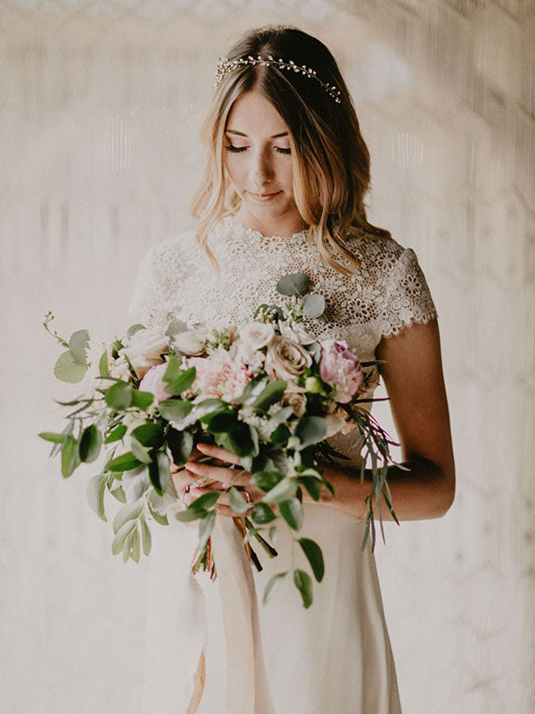 Graceful Lace Illusion Neck Beach Bohemian Wedding Dress with Sleeves A-Line Long Birdal Gown AN2301|Annapromdress
