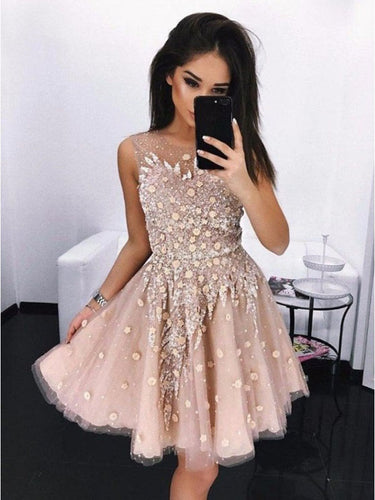 Blush Chic Appliques Tulle A-Line Vintage Homecoming Dress Short Prom Dress AN12302|Annapromdress