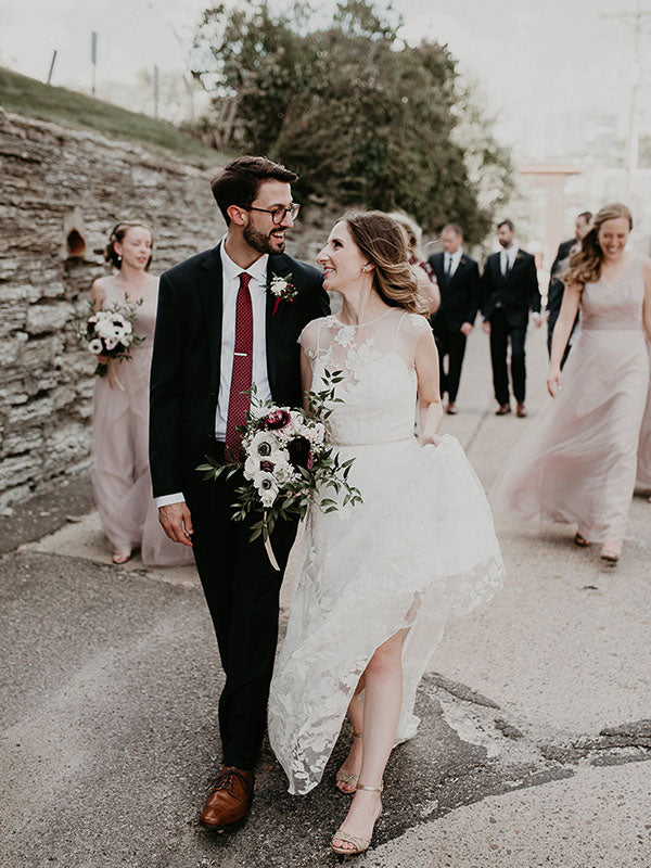 Gorgeous Lace Wedding Dress with Sleeves A-Line Illusion Neck Beach Wedding Dress AN2306|Annapromdress