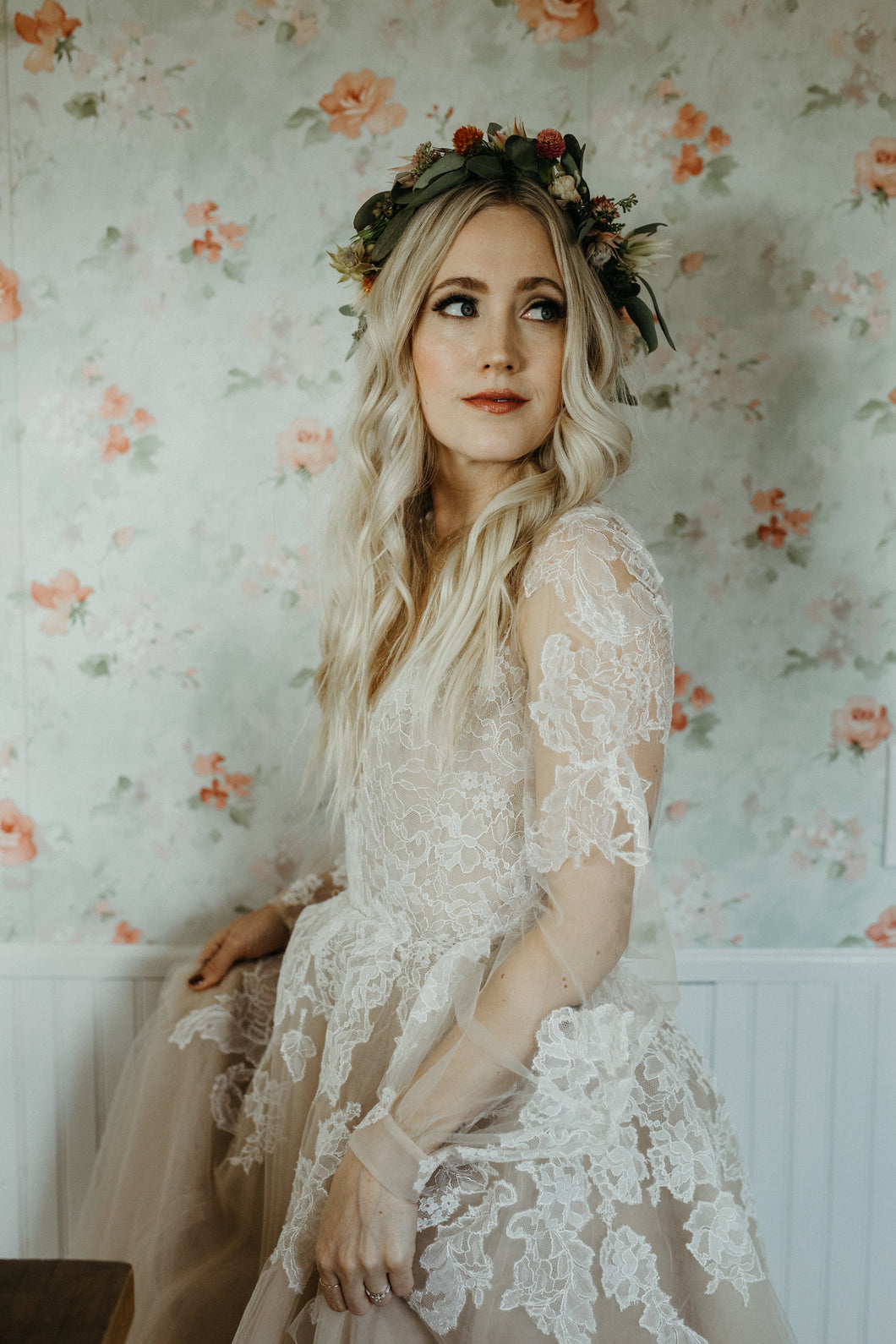 Romantic Illusion Long Sleeve Champagne Rustic Wedding Dress for Bride AN2309|Annapromdress