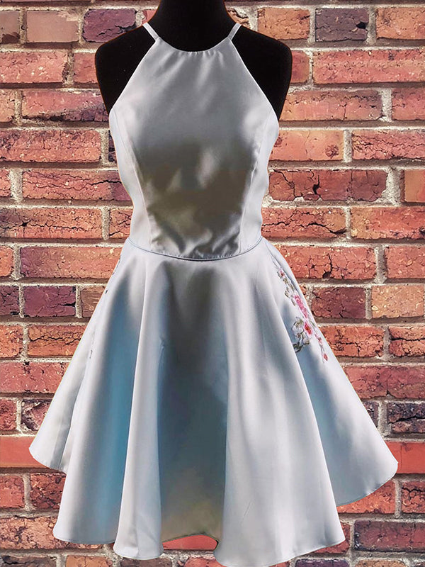 Light Blue Satin Halter Chic Embroidery Cute Homecoming Dress Short Graduation Dress AN620|Annapromdress