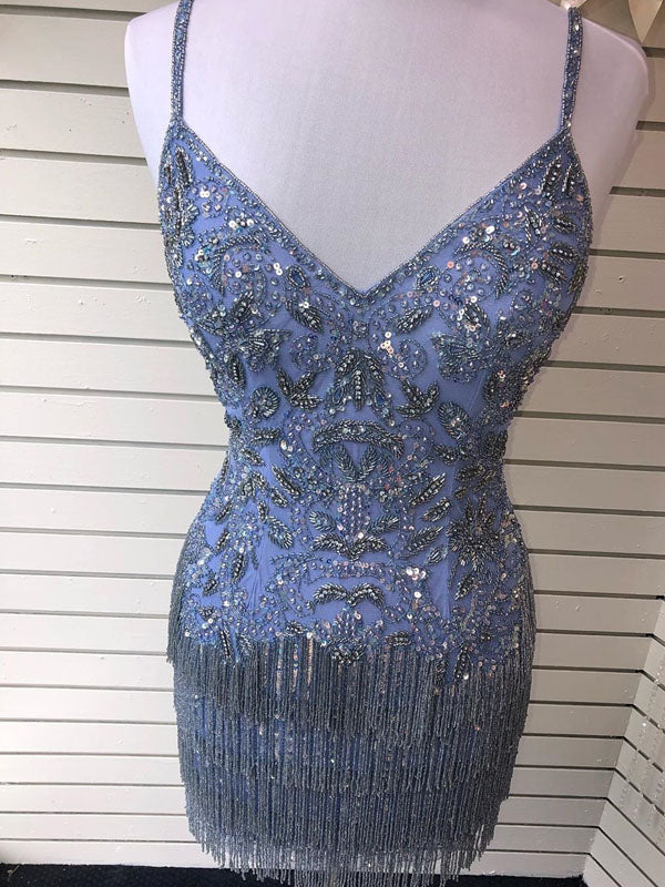 Spaghetti Straps V-Neck Light Blue Beaded Homecoming Dress Short Graduation Dress AN8802|Annapromdress