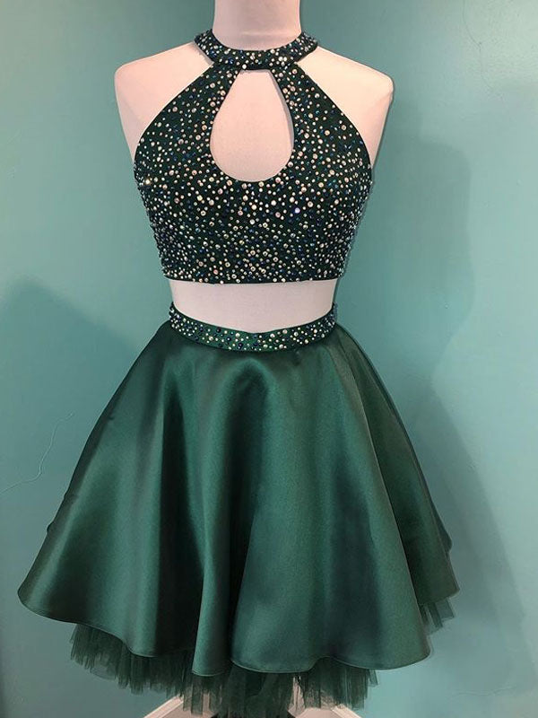 Halter Beaded Green Satin Two Piece Homecoming Dress Short Graduation Dress AN8805|Annapromdress