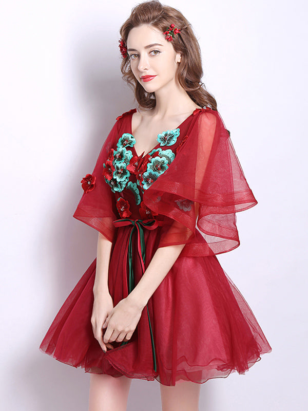Sexy V Neck Appliques Red Homecoming Dress with Sleeves Tulle Short Prom Party Dress ATB1814|Annapromdress