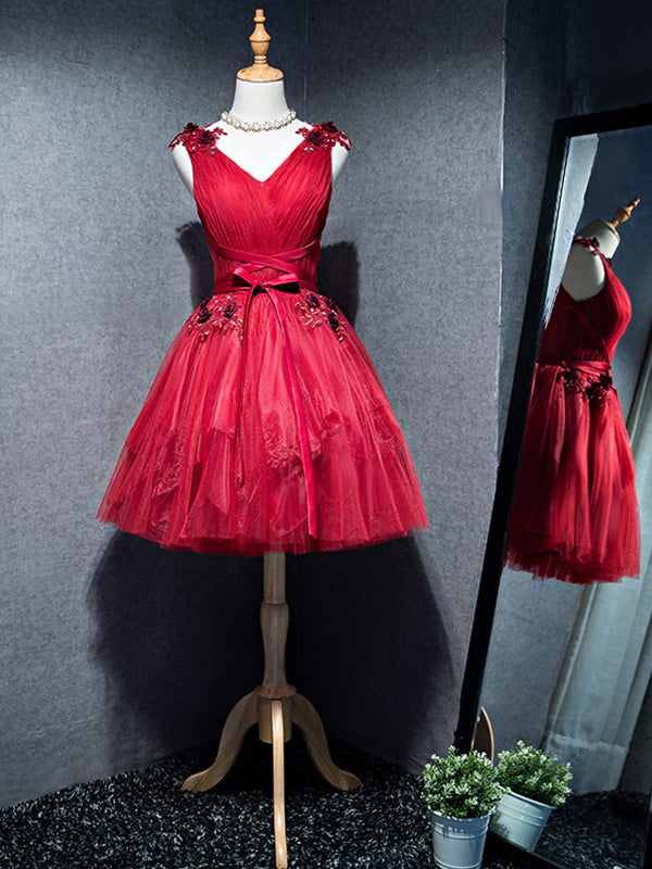 Sexy V Neck A Line Red Homecoming Dress with Straps Chic Appliques Short Prom/Party Dress ATB1815|Annapromdress