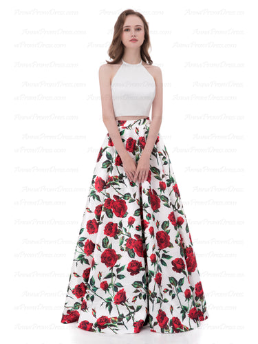 Two Piece Prom Dresses A-line Floral Print Long Cheap Prom Dress Satin Evening Dress AX005