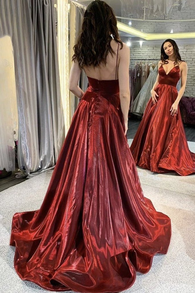 Burgundy Satin A Line Long Prom Dress V Neck Thin Straps Evening Dress GJS204