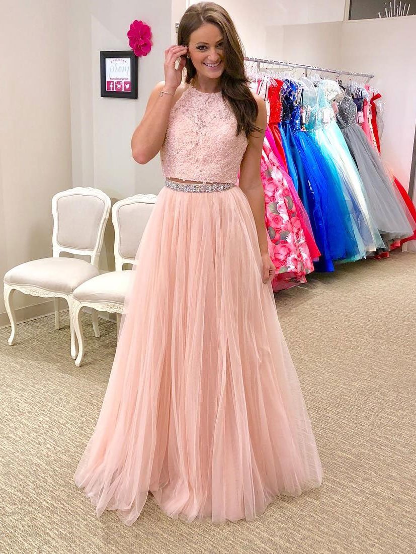 Two Piece Prom Dresses,Halter Lace Appliqued,2 Piece Formal Dresses