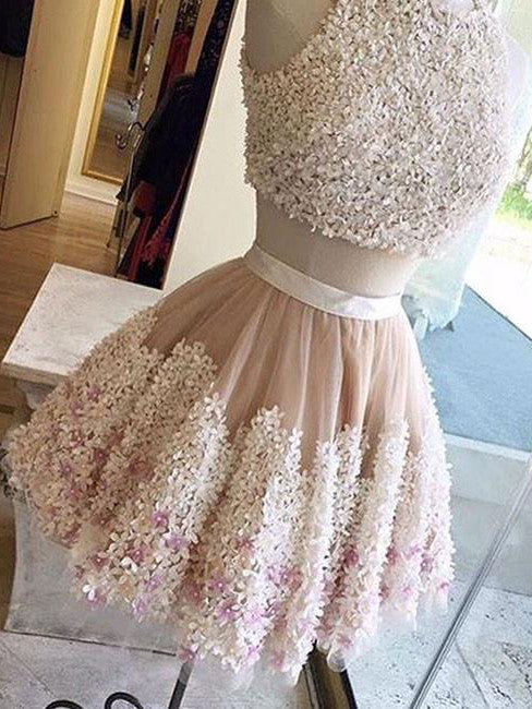 2017 Homecoming Dress Scoop Hand-Made Flower Short Prom Dress Party Dress JK107