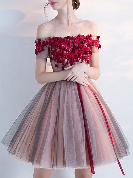 2017 Homecoming Dress Burgundy Hand-Made Flower Short Prom Dress Party Dress JK196