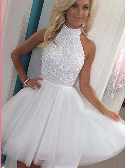 2017 Homecoming Dress Sexy White Halter Tulle Short Prom Dress Party Dress JK202