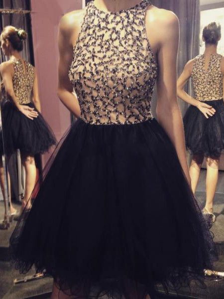 2017 Homecoming Dress Chic Black Sequins Tulle Short Prom Dress Party Dress JK236