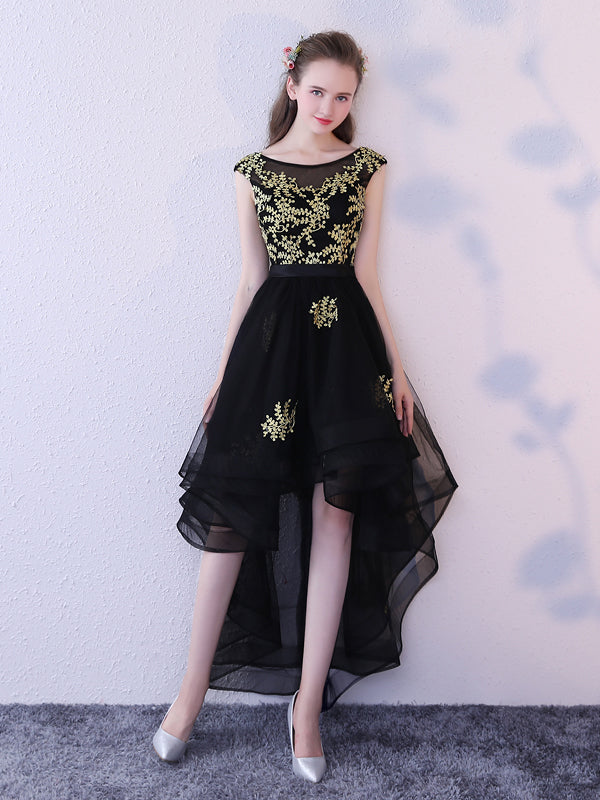 2017 Homecoming Dress Black Tulle Gold Appliques Short Prom Dress Party Dress JK242
