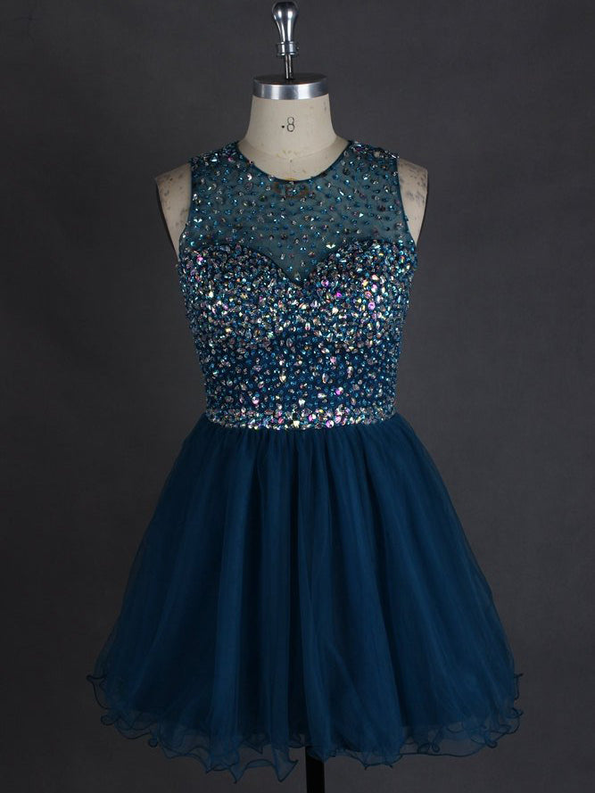 Sexy Homecoming Dress Scoop Tulle Rhinestone Short Prom Dress Party Dress JK284