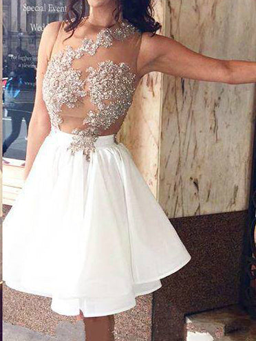 White Homecoming Dress Sexy Appliques Chiffon Short Prom Dress Party Dress JK285