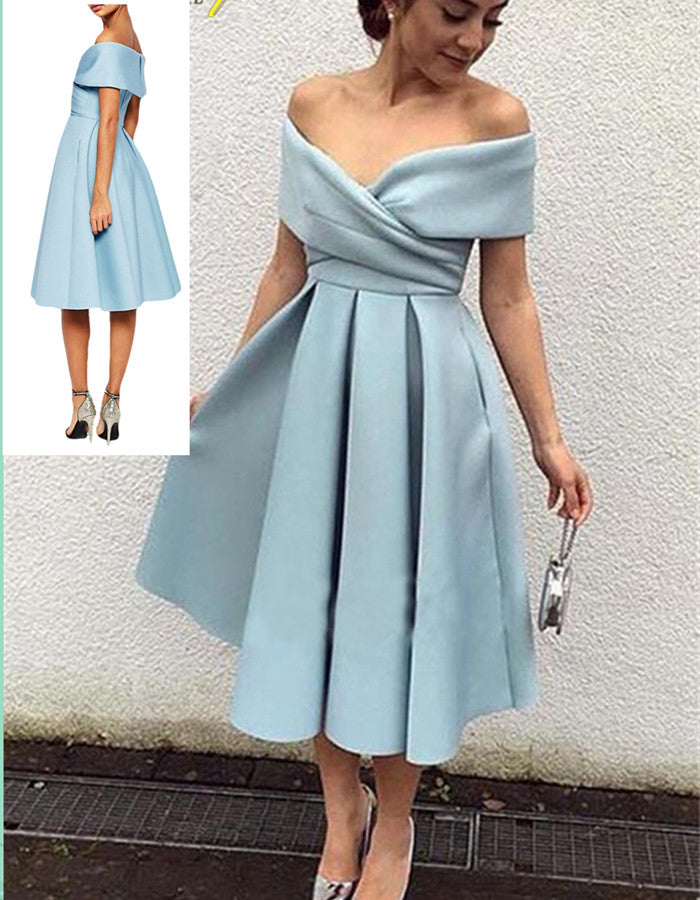 Lovely Off Shoulder Style Light Purple Satin Homecoming Dress, Short Prom Dress main image 1