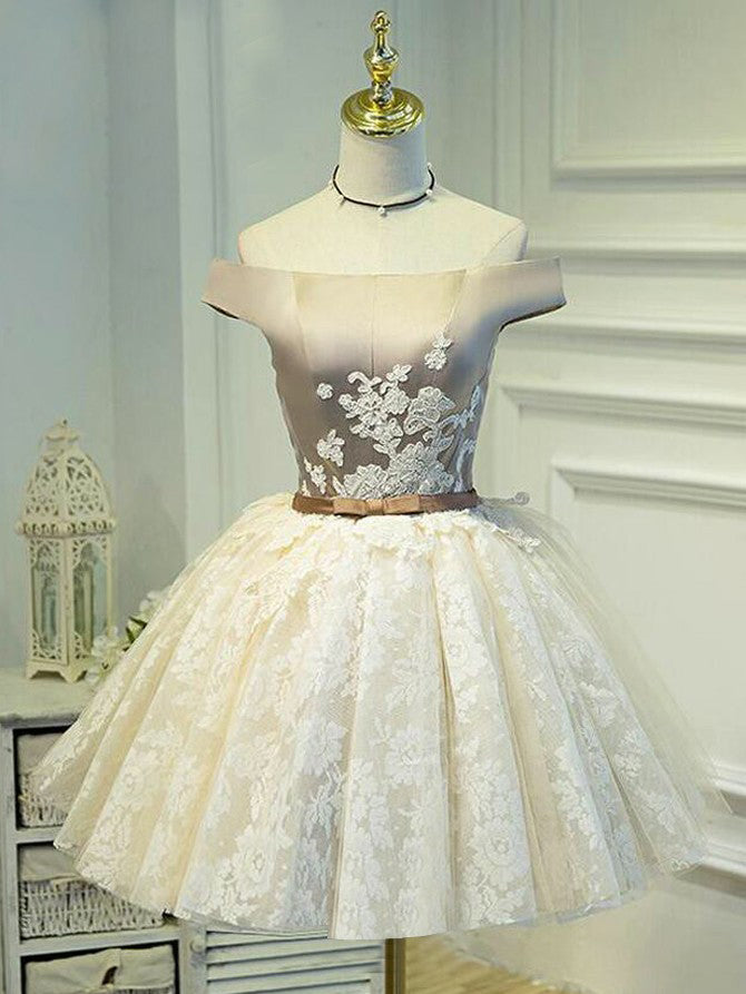 Cute Homecoming Dress Off-the-shoulder Lace Ivory Short Prom Dress Party Dress JK295