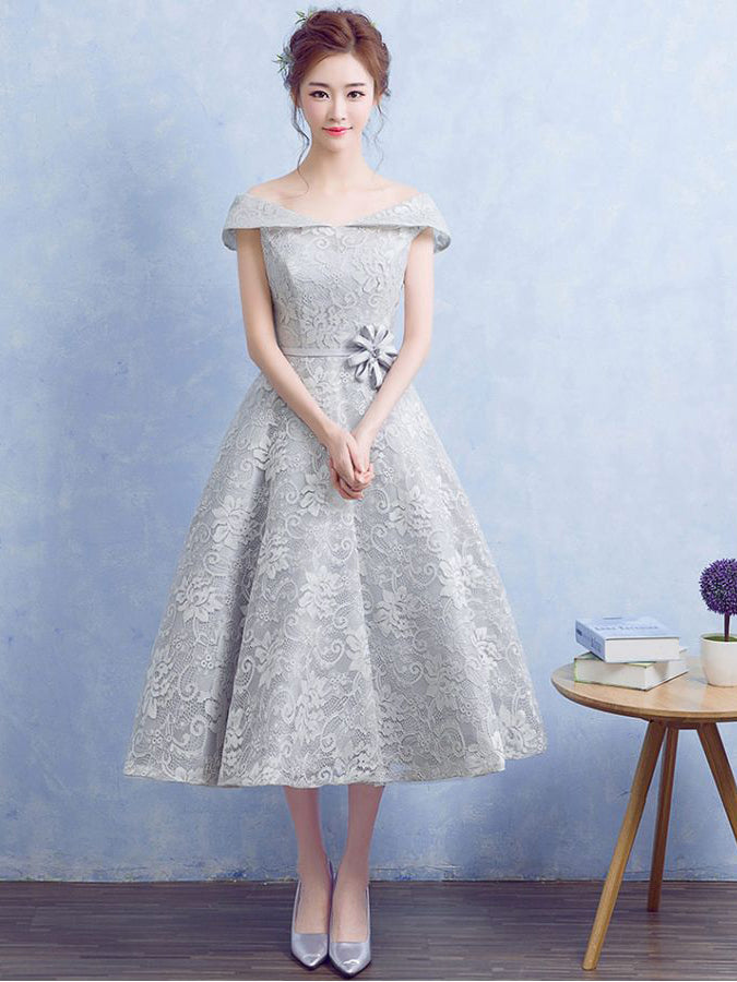 Cute Silver Homecoming Dress Off-the-shoulder Lace Short Prom Dress Party Dress JK316