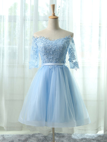 Sexy Homecoming Dress Light Sky Blue Appliques Tulle Short Prom Dress Party Dress JK323