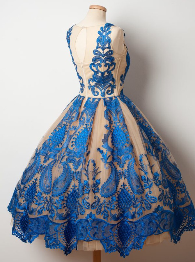 vintage homecoming dresses Vintage Homecoming Dress Royal Blue Appliques Tulle Short Prom Dress P –  Anna PromDress