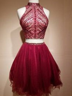Two Piece Homecoming Dress High Neck Rhinestone Short Prom Dress Party Dress JK344