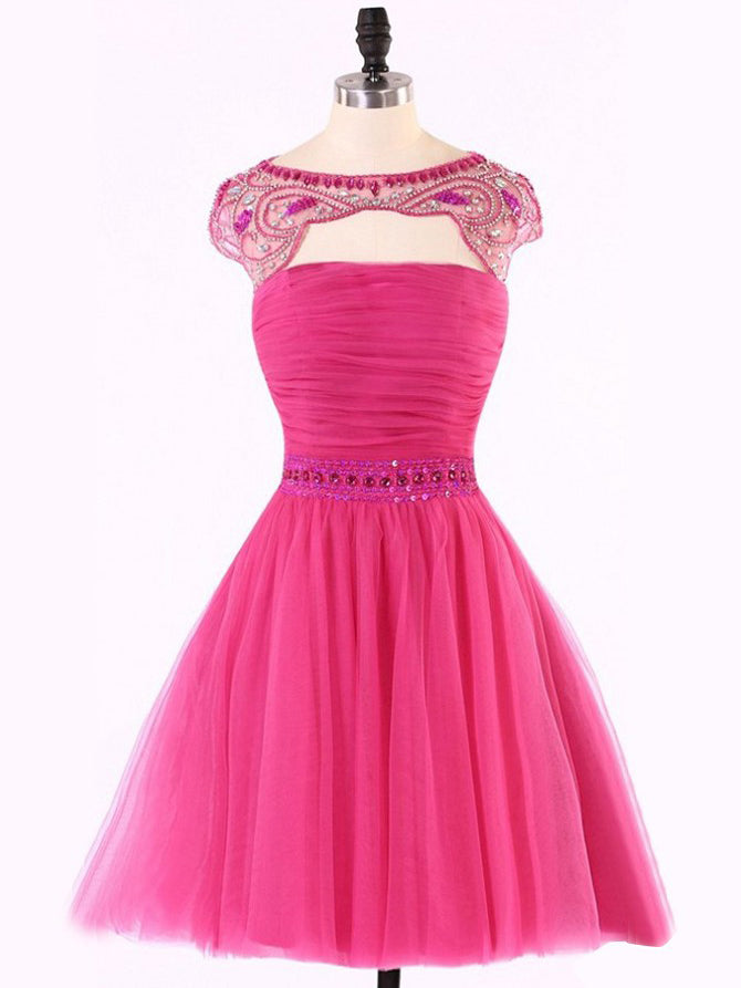 Chic Sexy Homecoming Dress Fuchsia Rhinestone Tulle Short Prom Dress Party Dress JK352