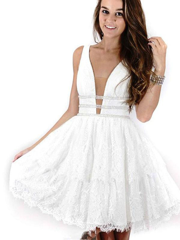Lace Homecoming Dress Beautiful Straps Ivory Tulle Short Prom Dress Party Dress JK357