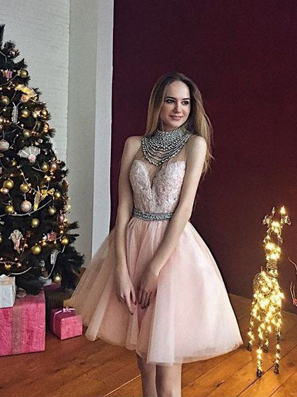 Chic Sexy Homecoming Dress Pearl Pink Appliques Short Prom Dress Party Dress JK368