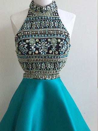 Sexy Homecoming Dress High Neck Rhinestone Satin Short Prom Dress Party Dress JK380