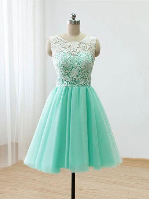 Beautiful Homecoming Dress Scoop Sage Lace Tulle Short Prom Dress Party Dress JK386