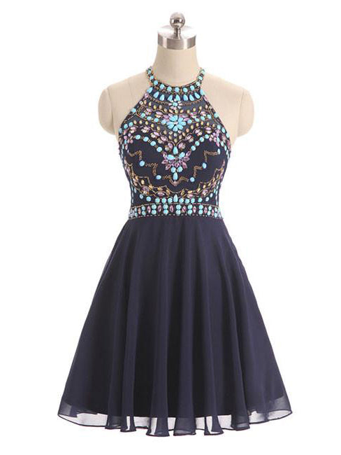 Sexy Homecoming Dress Halter Rhinestone Chiffon Short Prom Dress Party Dress JK387