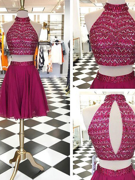 Two Piece Homecoming Dress Rhinestone Fuchsia Chiffon Short Prom Dress Party Dress JK413