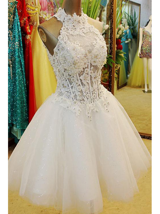 Chic Sexy Homecoming Dress Halter Tulle Ivory Short Prom Dress Party Dress JK448