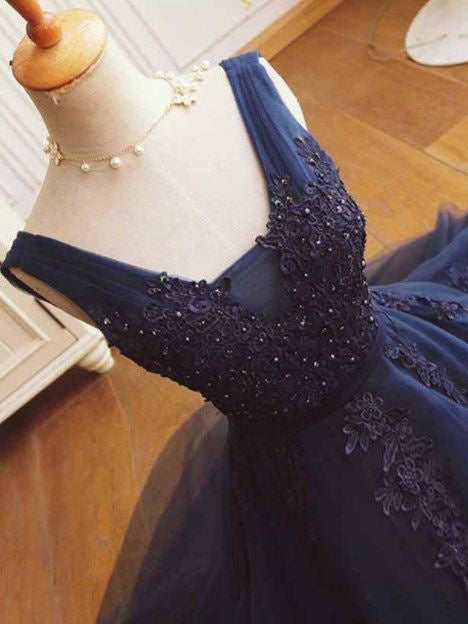 Dark Navy Homecoming Dress Appliques Chic Short Prom Dress Party Dress JK454