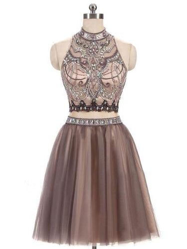 Chic Homecoming Dress High Neck Rhinestone Tulle Short Prom Dress Party Dress JK456