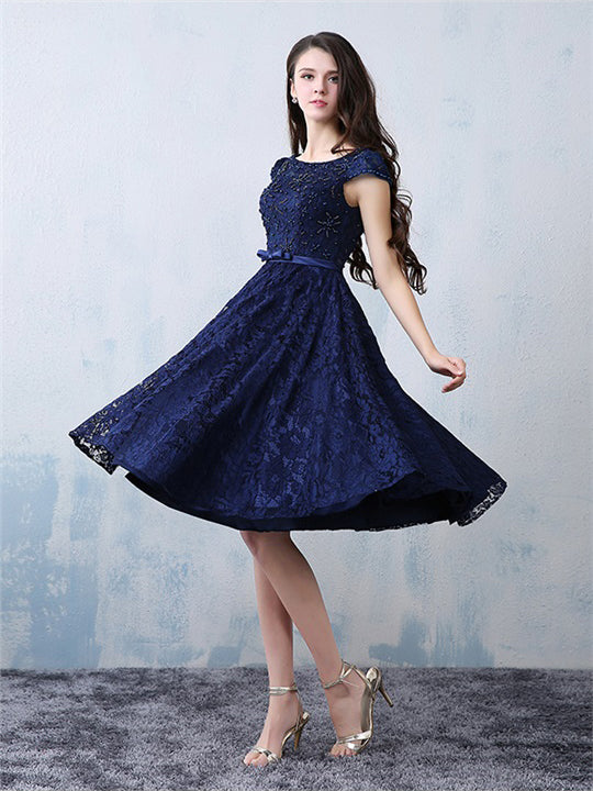 Chic Homecoming Dress A-line Dark Navy Lace Beading Short Prom Dress Party Dress JK463