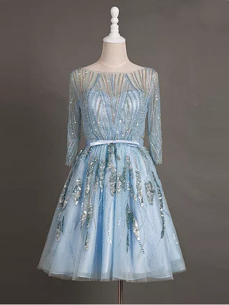 Beautiful Homecoming Dress Bateau A-line Sequins Short Prom Dress Tulle Party Dress JK526