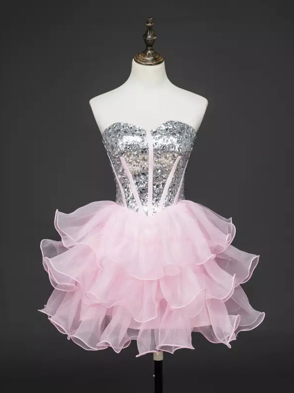 Chic Homecoming Dress Sweetheart Ball Gown Sequins Pink Short Prom Dress Party Dress JK535