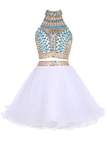Two Piece Homecoming Dress High Neck A-line Rhinestone White Short Prom Dress Party Dress JK544
