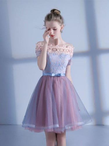 Lace Homecoming Dress A Line Off-the-shoulder Short Sleeve Short Prom Dress Party Dress JK546